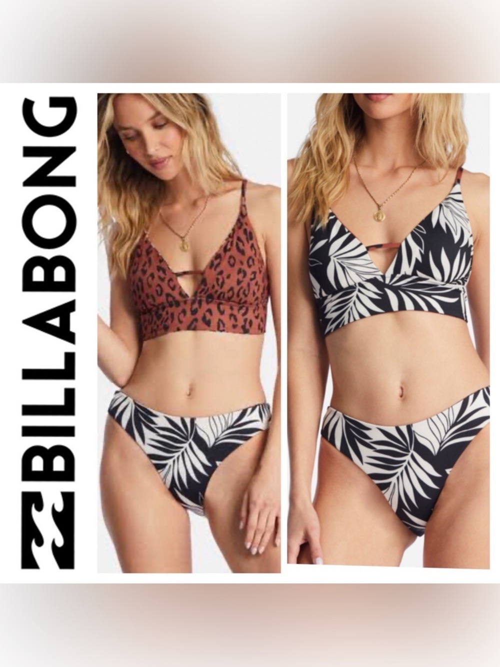 Billabong Black & White Tropical Leaf Bikini Set